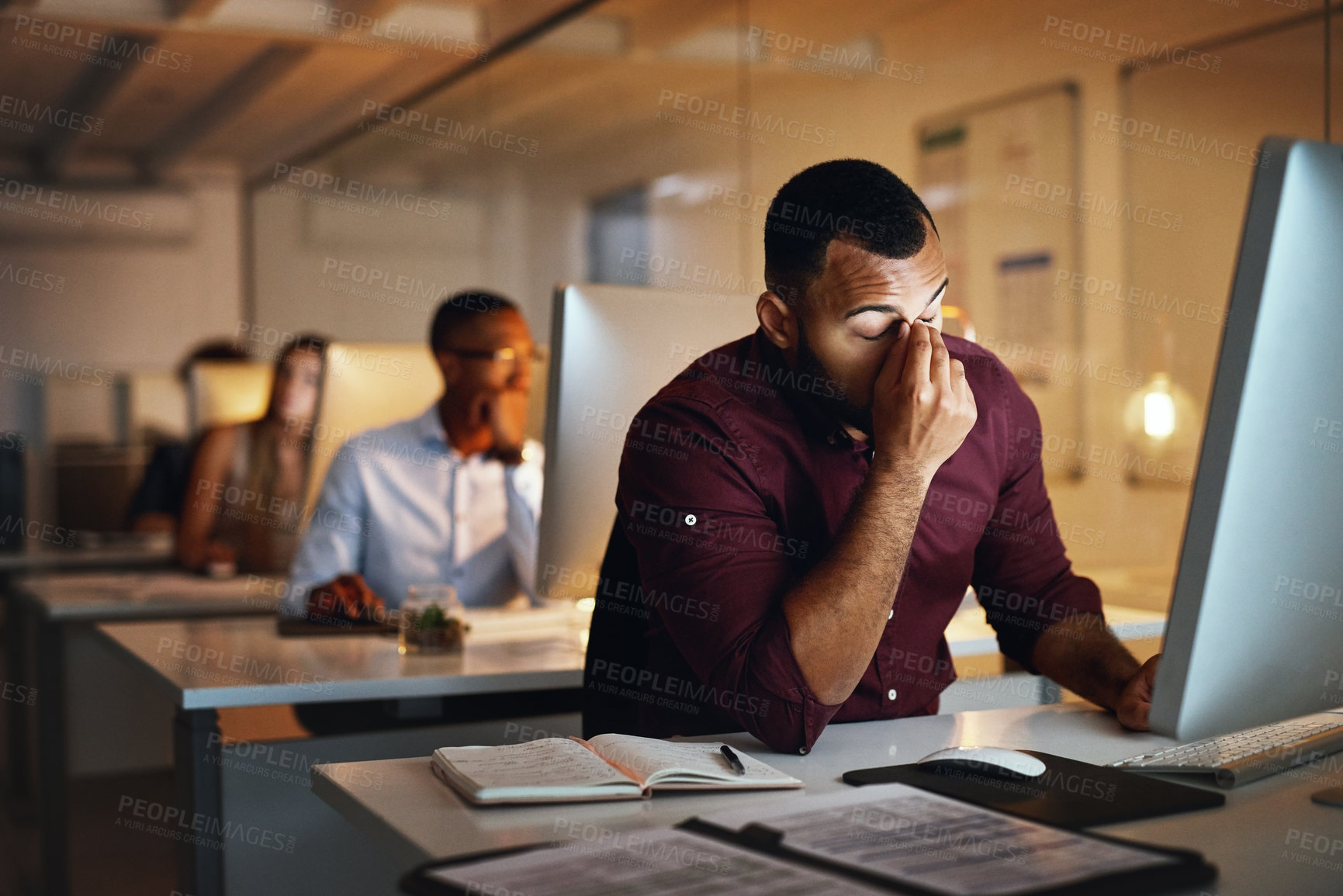 Buy stock photo Business, night and man with stress, headache and burnout with new project, deadline and tired. Male person, employee and consultant with a migraine, pain and overworked and professional working late