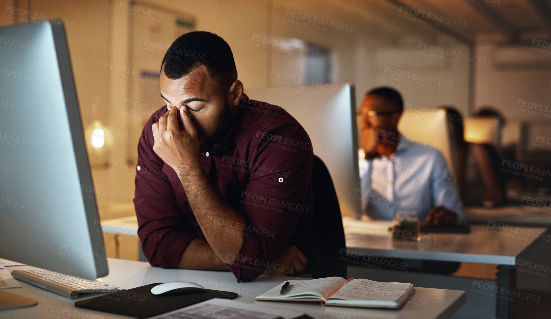 Buy stock photo Employee, night and man with a headache, burnout and depression with a deadline, tired and mistake. Male person, employee and consultant with a migraine, working late and depression with health issue