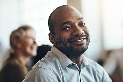 Buy stock photo Black man, leader and portrait with smile for business meeting, accounting career or finance company. Male accountant, happiness and office in Nigeria with professional employee, manager on training