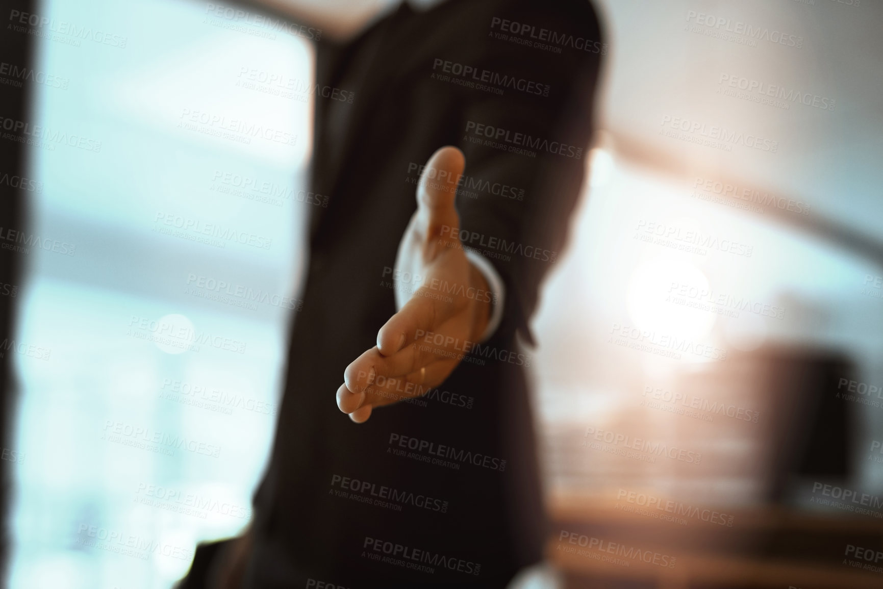 Buy stock photo Office, business man and welcome with handshake for greeting, negotiation and agreement with gesture. Closeup, male person or lawyer with shaking hands for introduction, onboarding and thank you