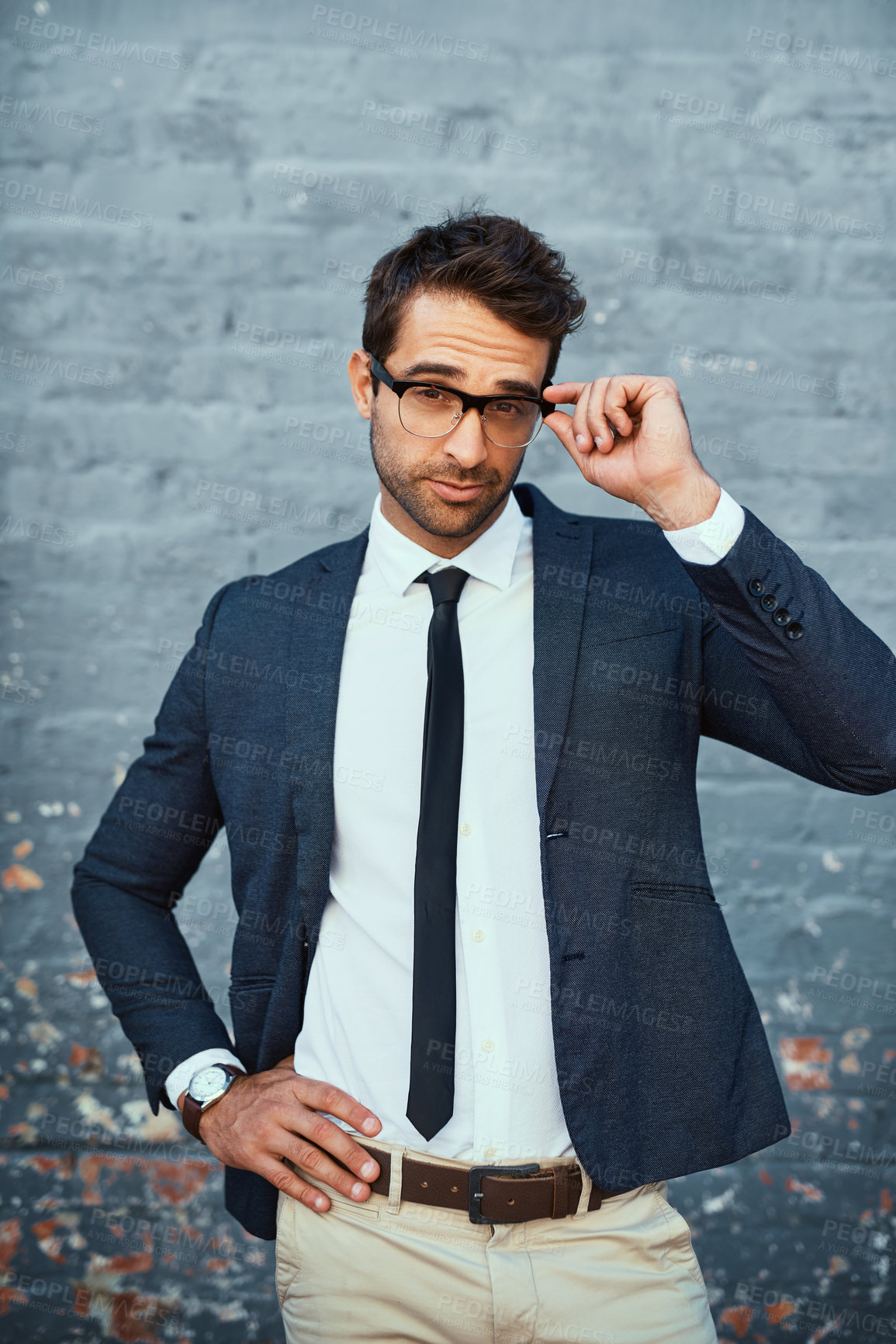 Buy stock photo Suit, consultant and portrait with confidence, pride and fashion for accountant agency. Businessman, financial entrepreneur and professional in commercial industry on gray city wall background mockup