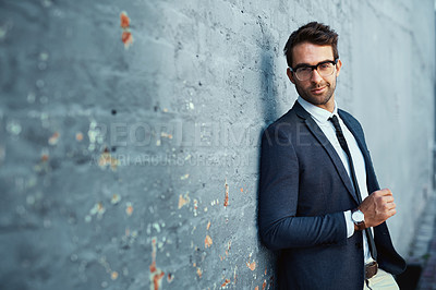 Buy stock photo Suit, businessman and portrait with confidence, pride and fashion for accountant agency. Entrepreneur, financial consultant and professional in commercial industry on gray city wall background mockup