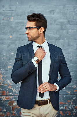 Buy stock photo Wall, glasses and man in city, thinking and employee with stylish clothes, fashion and confidence. Choice, entrepreneur and consultant with formal outfit, solution and decision with pride and eyewear