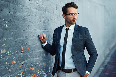 Buy stock photo Wall, business and man with suit, thinking and employee with stylish clothes, fashion and glasses. Person, New York and consultant with formal outfit, solution and decision with pride and eyewear