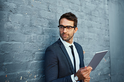 Buy stock photo Tablet, businessman and smile with confidence, pride and suit as accountant finance agency. Male person, financial consultant and professional in commercial industry with technology on gray wall
