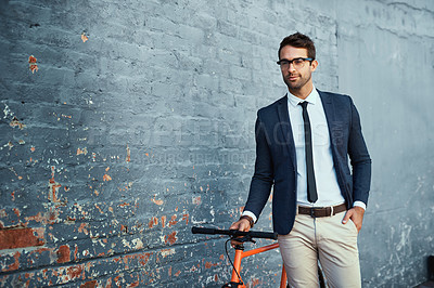 Buy stock photo Businessman, fashion and pride in formal wear for positivity on wall background in city. Male person, style and trendy with bicycle for travel, confidence and outdoor in outfit as real estate agent