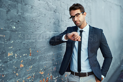 Buy stock photo Portrait, watch check and style with confidence, pride and time for accountant agency. Businessman, financial consultant and professional in commercial industry on gray city wall background mockup