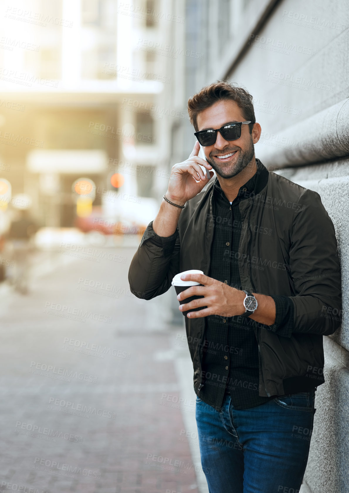 Buy stock photo Portrait, coffee or happy man in city for phone call for vacation travel, sightseeing and adventure. Mobile, conversation or person talking in urban town for weekend, fashion style or fun solo trip