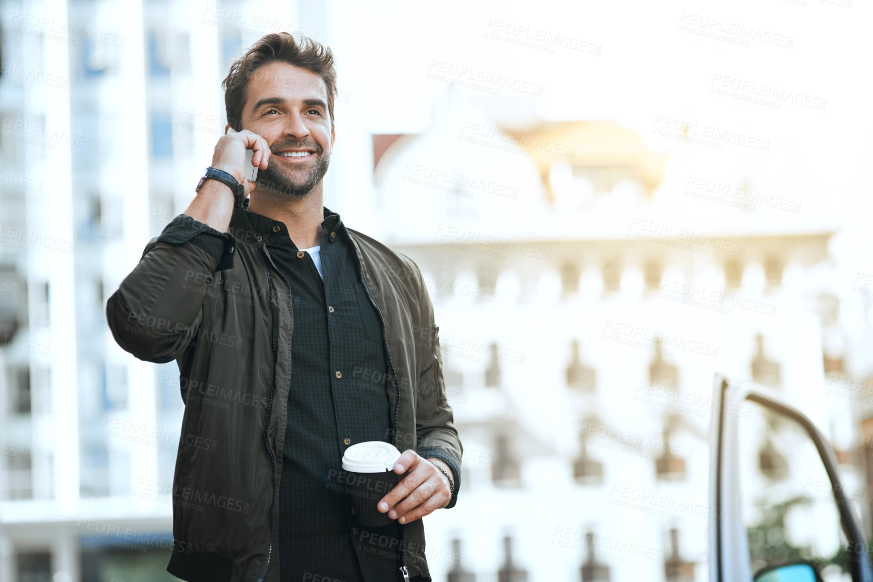 Buy stock photo Coffee, thinking or happy man in city for phone call for vacation travel, sightseeing or outdoor adventure. Mobile, drinking beverage or person in urban town for ideas, trendy style or fun solo trip