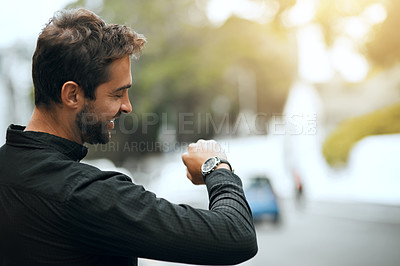 Buy stock photo Business, man and watch with time for travel schedule, meeting appointment and running late. Professional, person and check clock for notification, interview reminder and commute of morning taxi