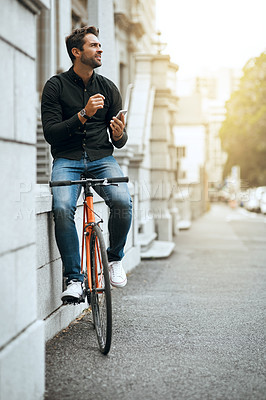 Buy stock photo Bike, phone and search with man in city for communication, social media or connection. Networking, newsletter and location app with person and mobile in urban downtown for travel, digital or internet