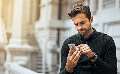 Buy stock photo Thinking, phone and search with man in city for communication, social media or connection. Networking, newsletter and location app with person and mobile in downtown for online, digital or internet