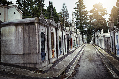Buy stock photo Shot of a row of graves situated next to each other inside of a graveyard outside during the day