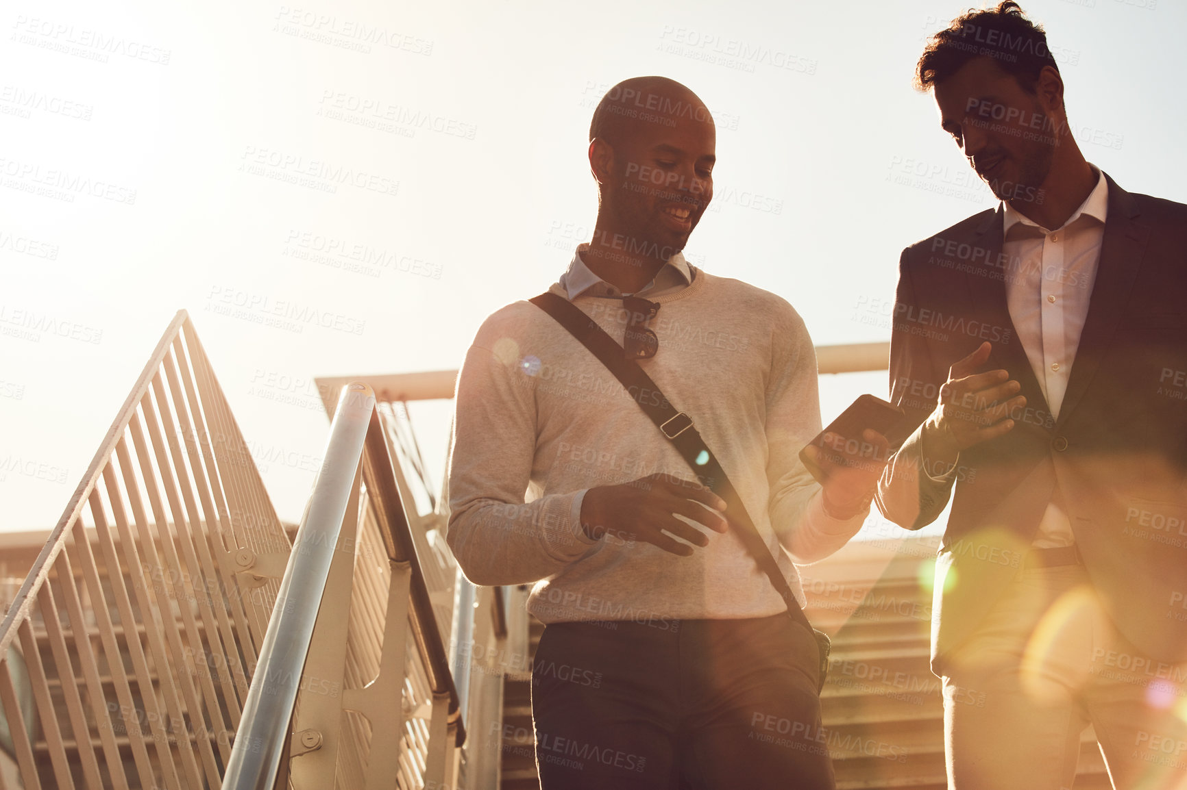 Buy stock photo People, walking and speaking on stairs for networking with communication, client and business contact. Men, talking and travel together on steps in city for conversation, work or partnership outdoor