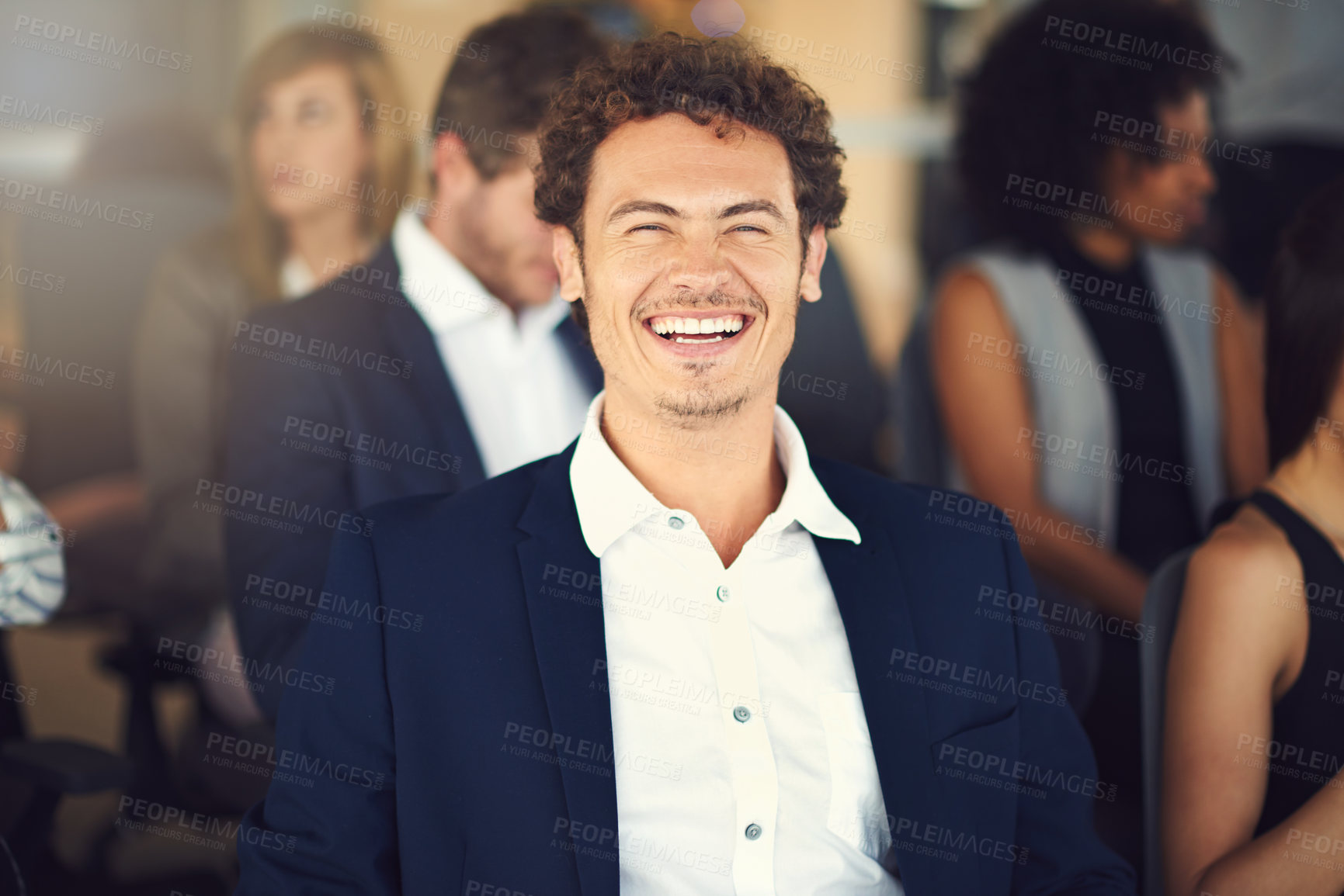 Buy stock photo Business man, portrait and happy for seminar, meeting and workshop with audience, crowd and colleagues. Group of people, face and smile for presentation, conference and networking event with industry