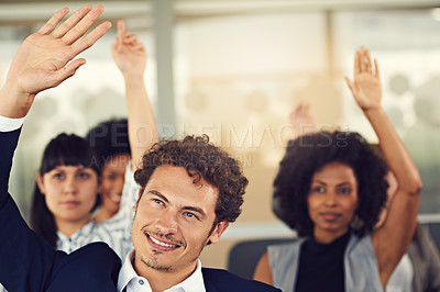 Buy stock photo Cropped shot of businesspeople hands raised asking questions during a seminar
