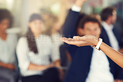 Buy stock photo Cropped shot of businesspeople hands raised asking questions during a seminar