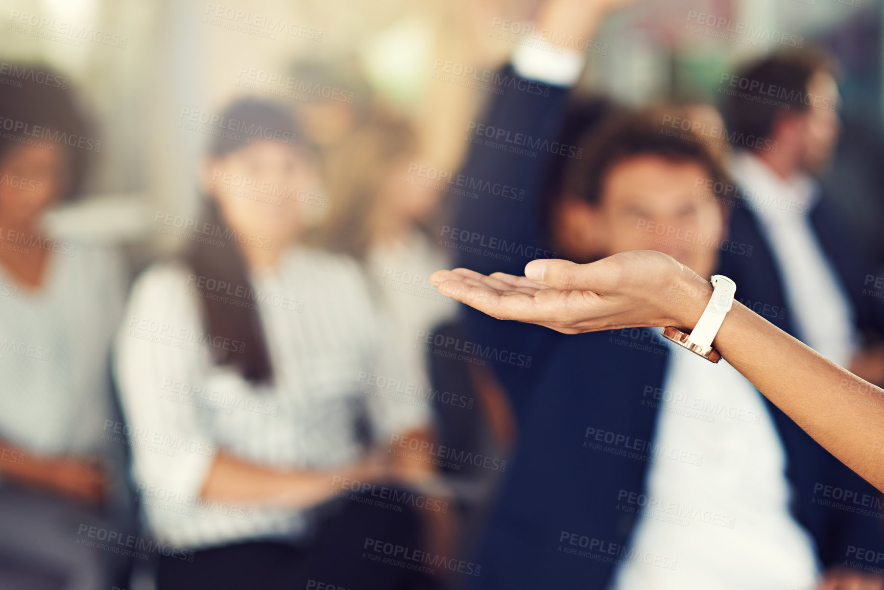 Buy stock photo Person, hand and presentation in office for business, option and question with space. Speaker, audience and gesture in seminar for opinion, explanation and employee engagement in development workshop