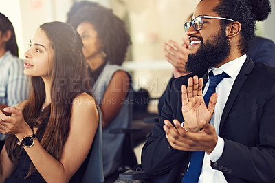 Buy stock photo Cropped shot of a group of diverse businesspeople clapping during a seminar