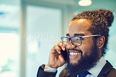 Buy stock photo Phone call, smile and business man talking for deal negotiation, offer or development consultant listen to news. African worker, mobile and conversation with corporate contact for advice in office