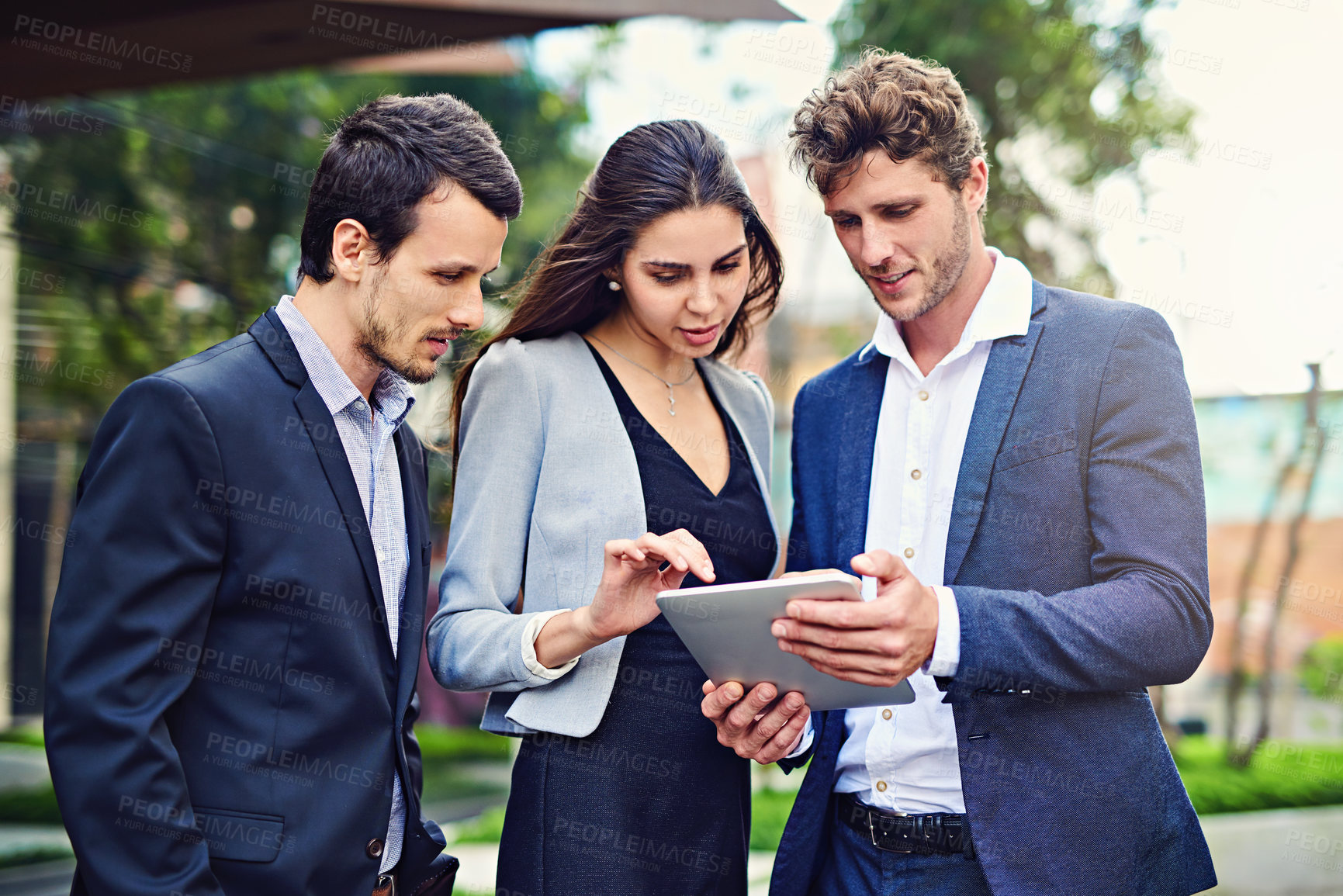 Buy stock photo Outside, business and people with tablet on internet for email notification and communication in Germany. Employee, corporate and partners with coworking with teamwork, collaboration and planning