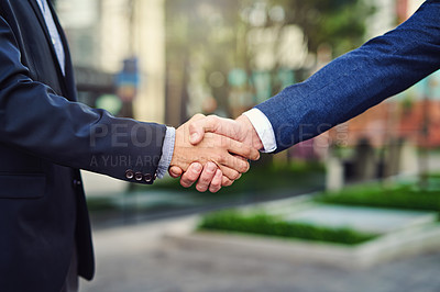 Buy stock photo Business, men and handshake outside for partnership, agreement and greeting for offer. Closeup, people and shaking hands for corporate deal with teamwork, merge and collaboration with negotiation