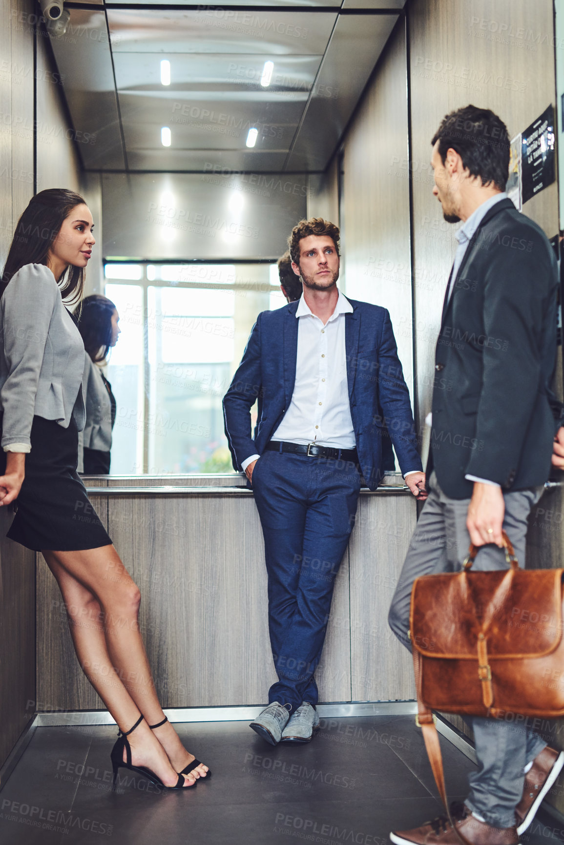 Buy stock photo Business, people and group for travel in elevator with morning commute, journey to work or trip. Office building, professional employees and waiting in lift with bag for destination or transportation