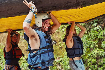 Buy stock photo Canoe, carrying and group in nature, travel and bonding of friends, vacation and holiday in environment. Walking, active and life jacket for safety, smile and adventure in woods, people and together