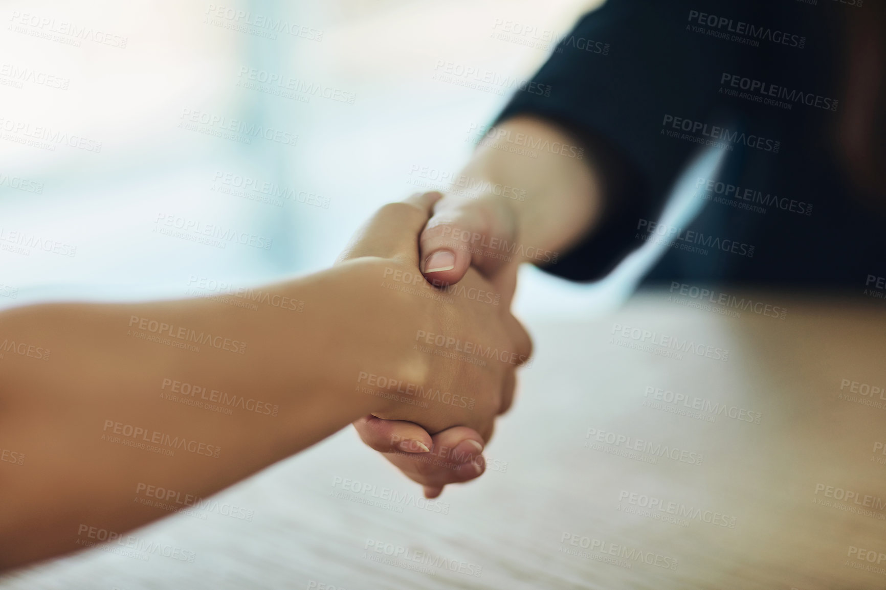 Buy stock photo Shaking hands, deal and business people in office for welcome, greeting or partnership initiation. Meeting, teamwork and closeup of financial advisor with client for investment agreement handshake.