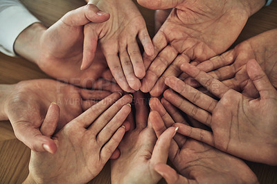 Buy stock photo People, hands and open on table for charity, business funding and request donation for support. Team, palms or circle in office for hope, company investment growth or finance opportunity in community