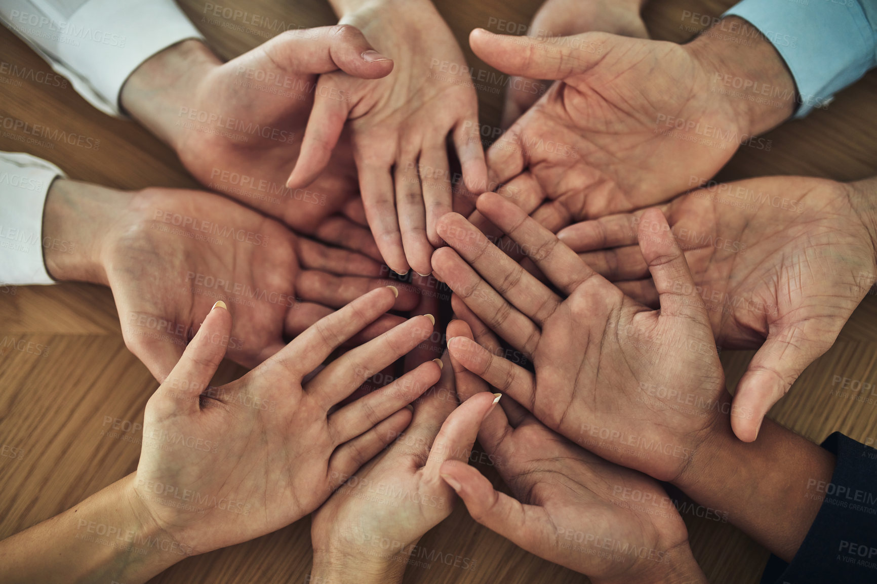 Buy stock photo People, hands and palms on table for charity, business fund and request donation for support. Team, gesture or circle in office for hope, company investment growth or finance opportunity in community