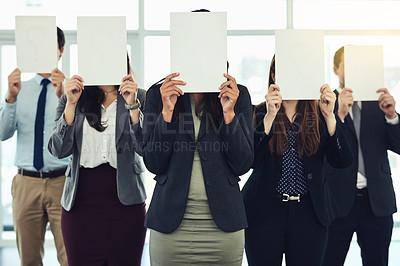 Buy stock photo Business people, message and board with face cover, opportunity and communication in modern office. Employees, group and coworkers with white paper, decision and choice with feedback and protest