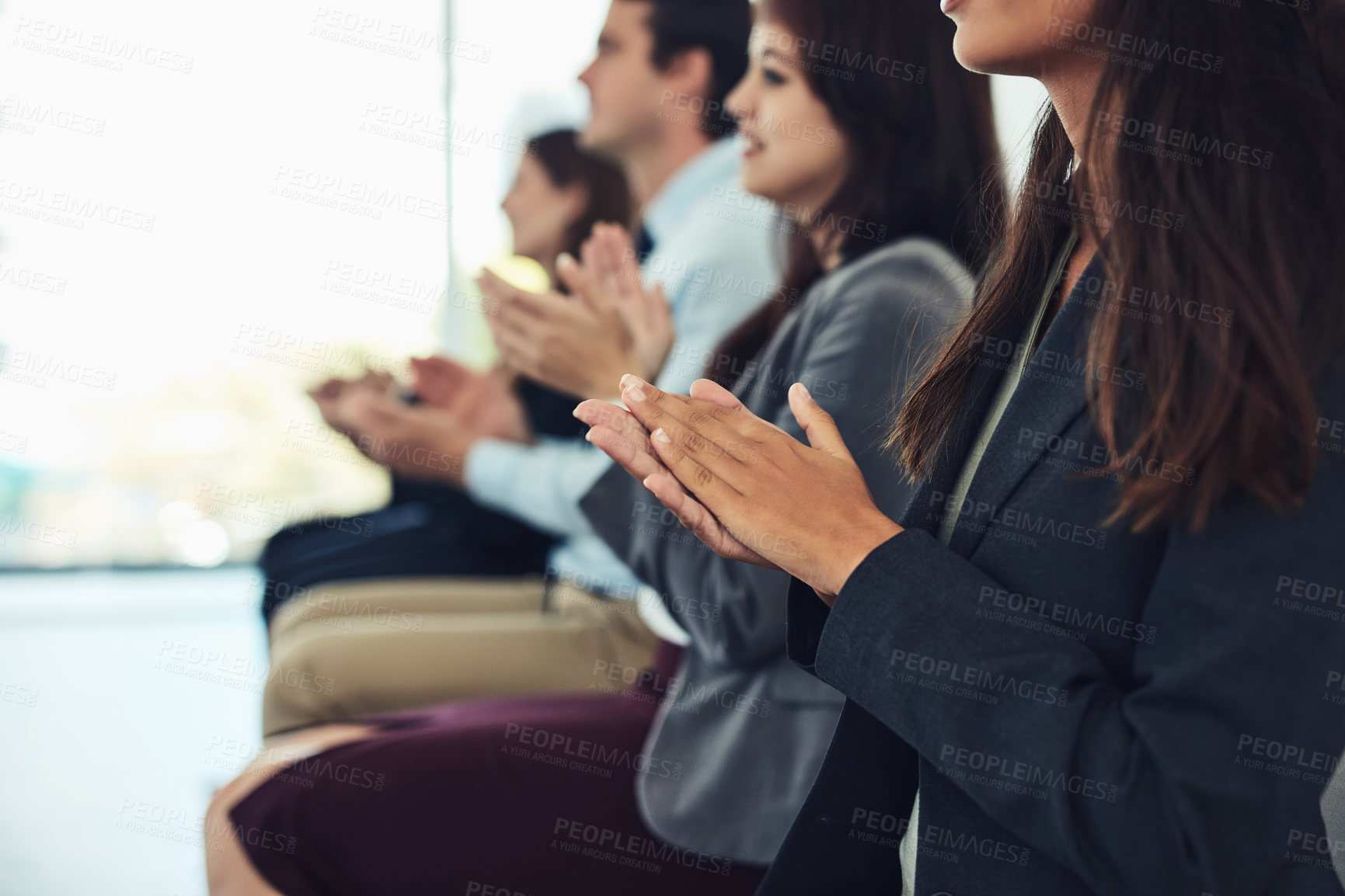 Buy stock photo People, hands and applause in office for presentation, training seminar and welcome. Corporate group, clap and support in conference for growth, campaign feedback and business development achievement