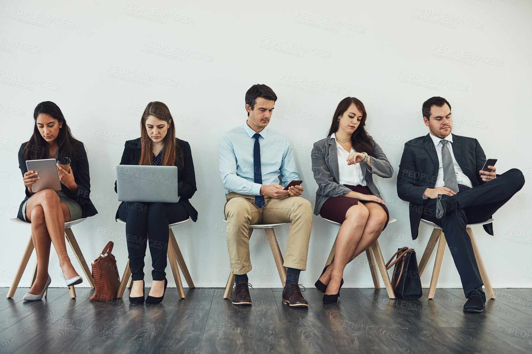 Buy stock photo Technology, appointment or business people waiting in line for hiring, recruitment or job interview time. Laptop, phone or group of candidates ready for opportunity, career or employment selection