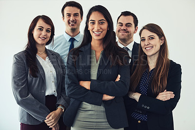 Buy stock photo Portrait, team and diversity with confidence in career for professional, finance agency and about us. Business people, smile and pride for job opportunity in office, asset management firm or company