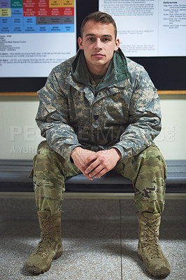 Buy stock photo Portrait, man and solder on bench at military academy with training for service and war in USA. `Male person, employee and confident or serious with pride for protecting state as defense force