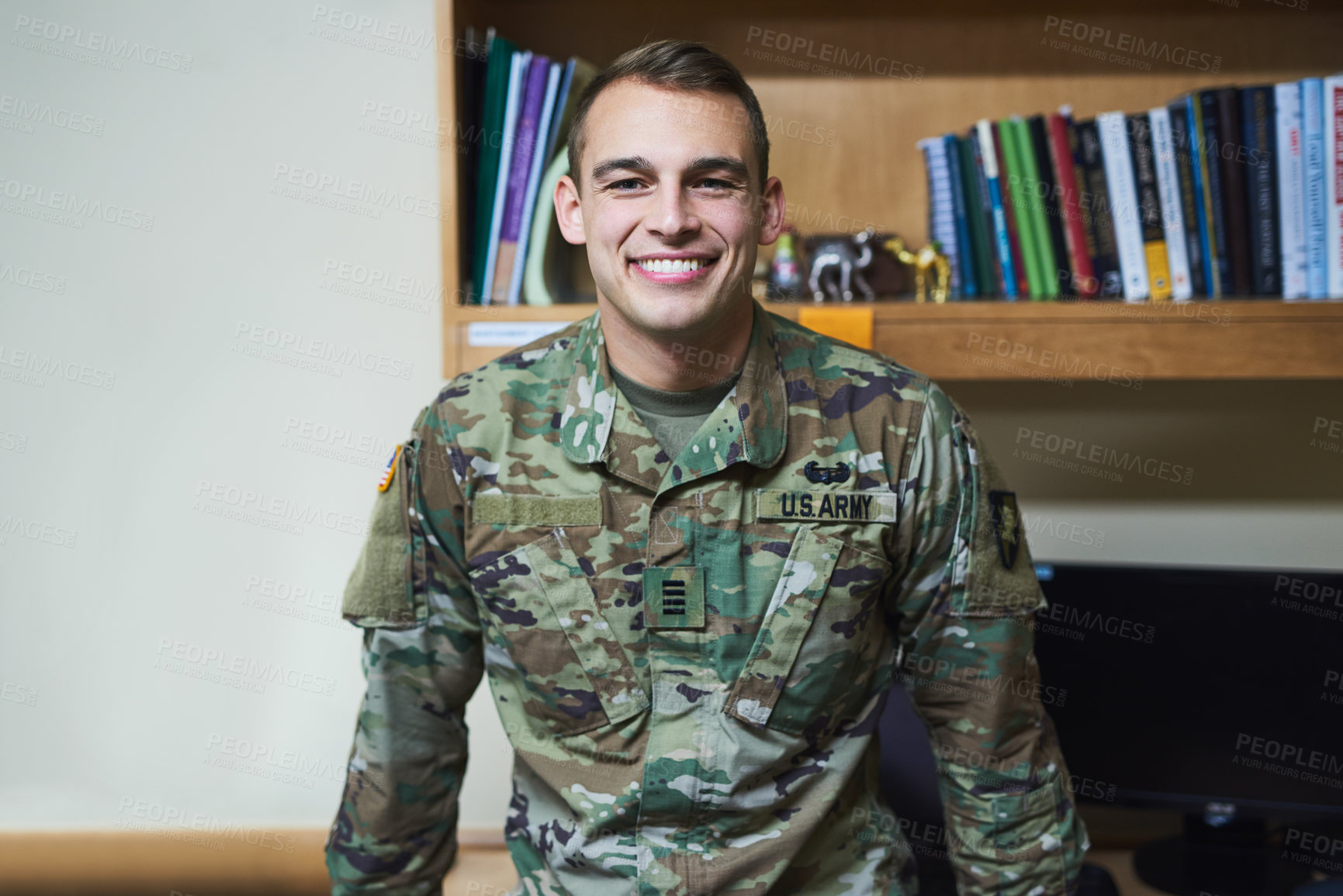 Buy stock photo Soldier man, smile and portrait for service in bedroom at academy, military base and pride for USA. Person, army officer or happy with uniform, confidence or camouflage clothes for government in dorm