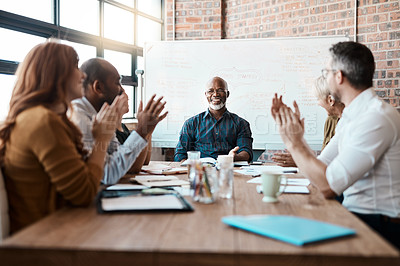 Buy stock photo Business people, meeting and applause of black man in office for congratulations, goals or target. Happy, group clapping and senior African male professional with employees in celebration of success.