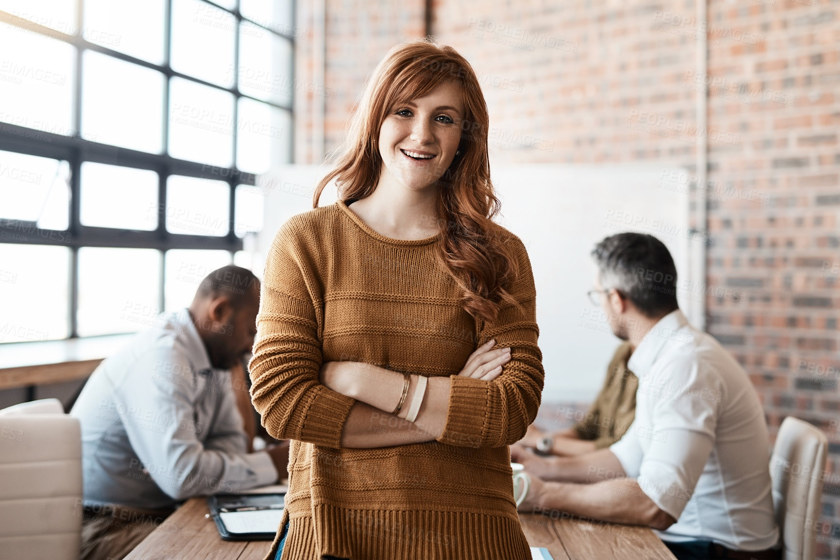 Buy stock photo Portrait, smile and business woman with arms crossed in office meeting. Face, confidence and happy female leader, professional and person with pride for career, job and success mindset at startup.