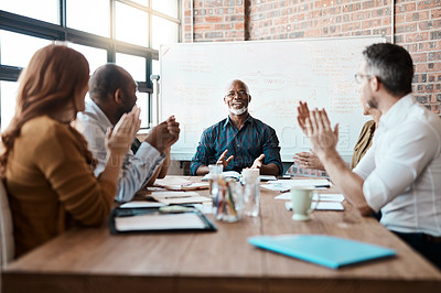 Buy stock photo Business people, meeting and applause of black man in office for achievement, goal or target. Excited, clapping and senior African male professional with group of employees in celebration of success.