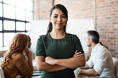Buy stock photo Portrait, office meeting and business woman with arms crossed in company workplace. Face, confidence and happy female leader, professional and person with pride for career, job and success mindset.