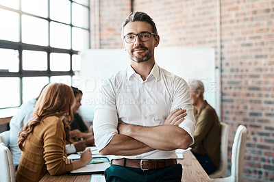 Buy stock photo Portrait, leader and man with arms crossed, startup success and manager with teamwork. Face, male employee and entrepreneur with confidence, collaboration and leadership with new project and meeting