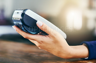 Buy stock photo Hand, cashier and pos machine for electronic payment for contactless transaction, sale or customer service. Person, store and restaurant for takeaway in cashless shopping on banking tech closeup