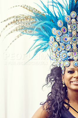 Buy stock photo Samba, dance and carnival with portrait of woman in colorful costume for celebration, party and festival in rio de janeiro with mockup. Performance, culture and music with half face of girl for event