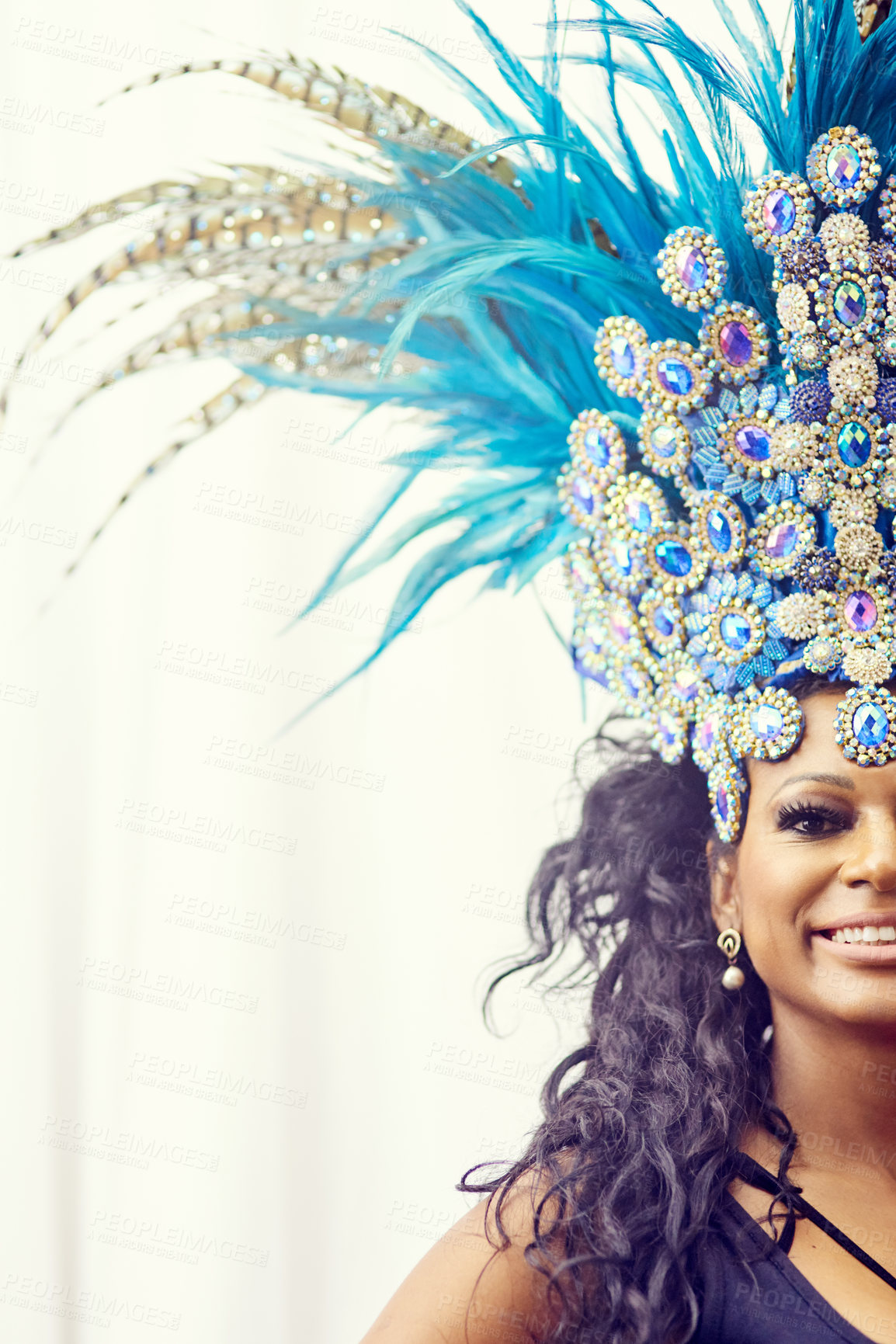 Buy stock photo Samba, dance and carnival with portrait of woman in colorful costume for celebration, party and festival in rio de janeiro with mockup. Performance, culture and music with half face of girl for event