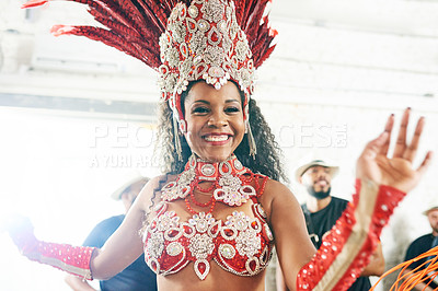 Buy stock photo Dance, samba and carnival with portrait of woman in show costume for festival, party and celebration in rio de janeiro. Music, performance and summer with brazil girl for holiday, event and culture