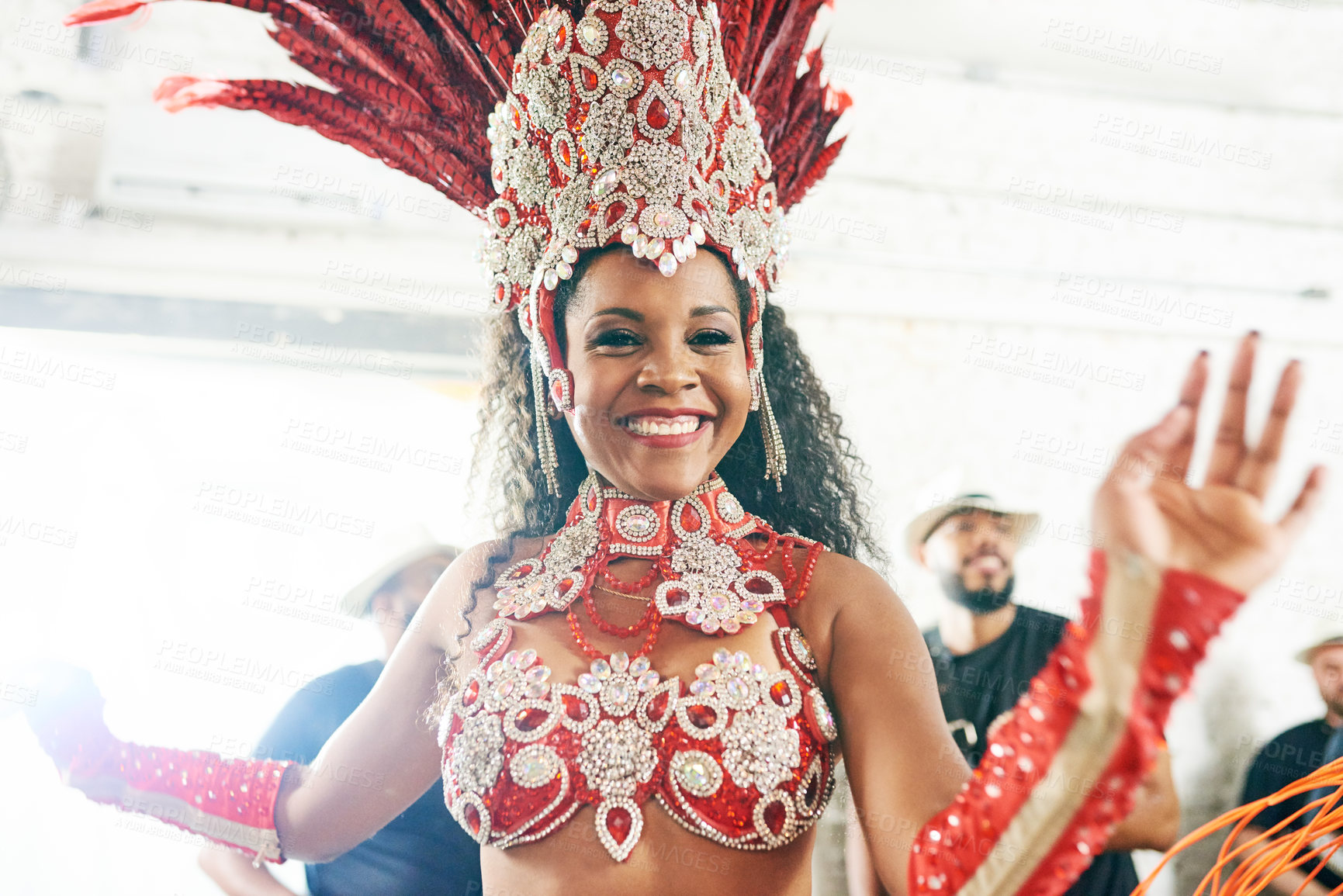 Buy stock photo Dance, samba and carnival with portrait of woman in show costume for festival, party and celebration in rio de janeiro. Music, performance and summer with brazil girl for holiday, event and culture