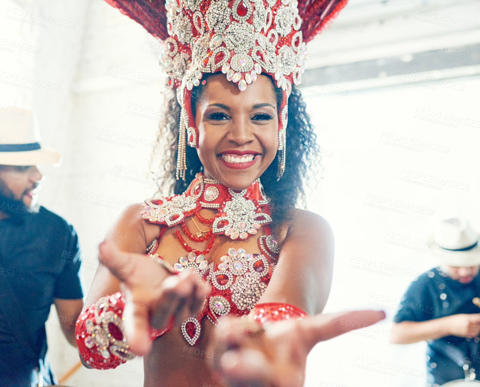 Buy stock photo Festival, carnival and portrait of samba dancer ready for performance, dancing and Mardi Gras concert in Brazil. Culture, party and happy Latin woman in costume with musical band for social event