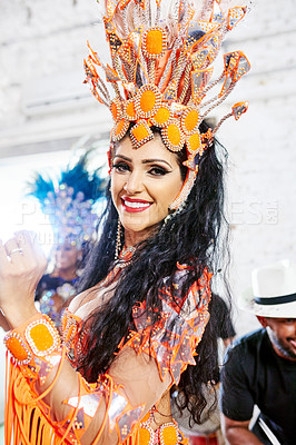 Buy stock photo Samba dancer, party and rio de janeiro woman portrait happy about celebration and dancing. Talent, festival and mardi gras new year with music and smile about to perform carnival performance artist 