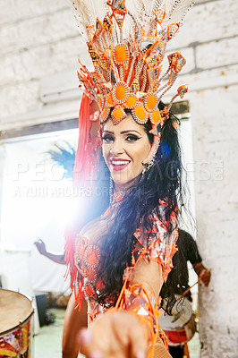 Buy stock photo Samba, music and dance with woman at carnival  for celebration, party and festival in Rio de Janeiro. Summer break, show and creative with brazil girl  for performance, holiday and culture event